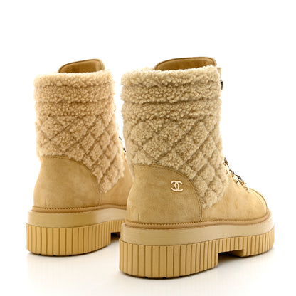 Chanel Suede Shearling Quilted CC Combat Boots 36 Beige 4 of 9