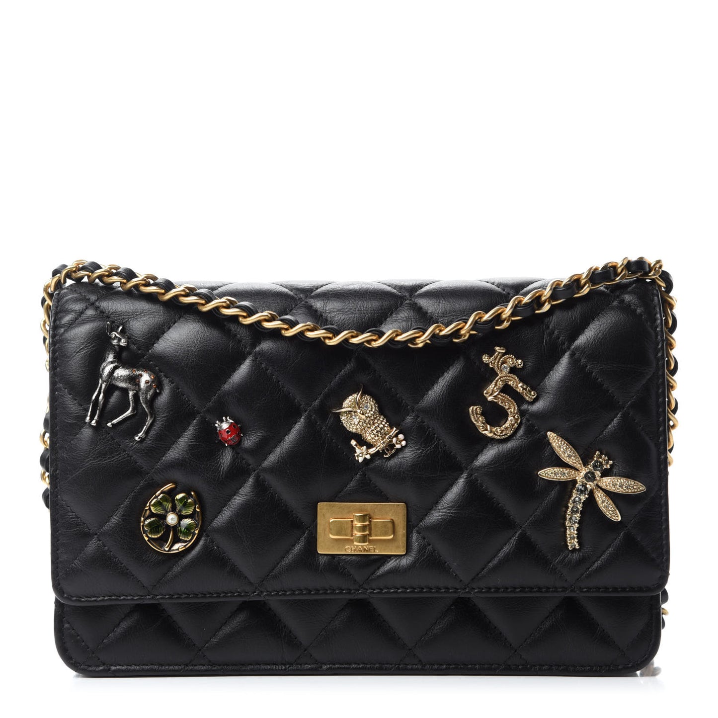 Aged Calfskin Quilted Lucky Charms 2.55 Reissue Wallet On Chain WOC Black