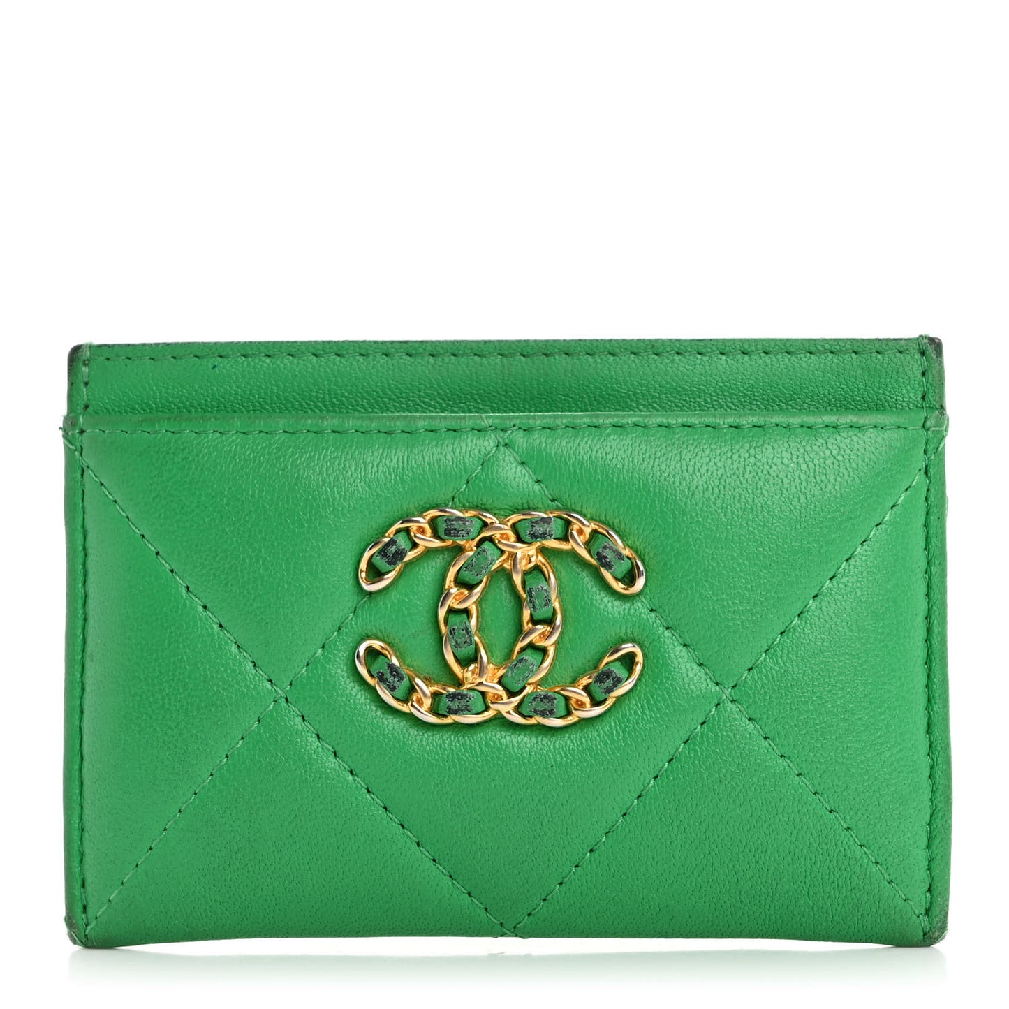 Lambskin Quilted Chanel 19 Card Holder Green