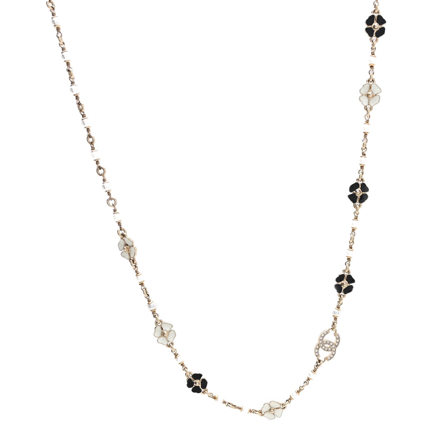 Chanel Resin Pearl Crystal CC Camellia Necklace Gold Black White 1 of 5