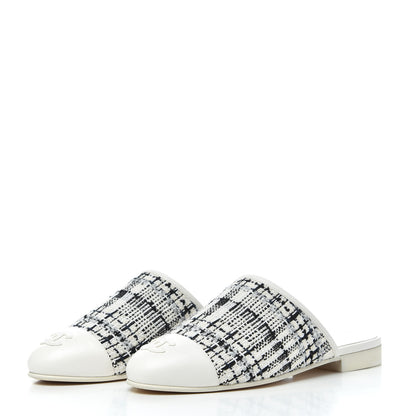 Chanel Tweed Lambskin CC Flat Mules 35.5 White Black 3 of 9