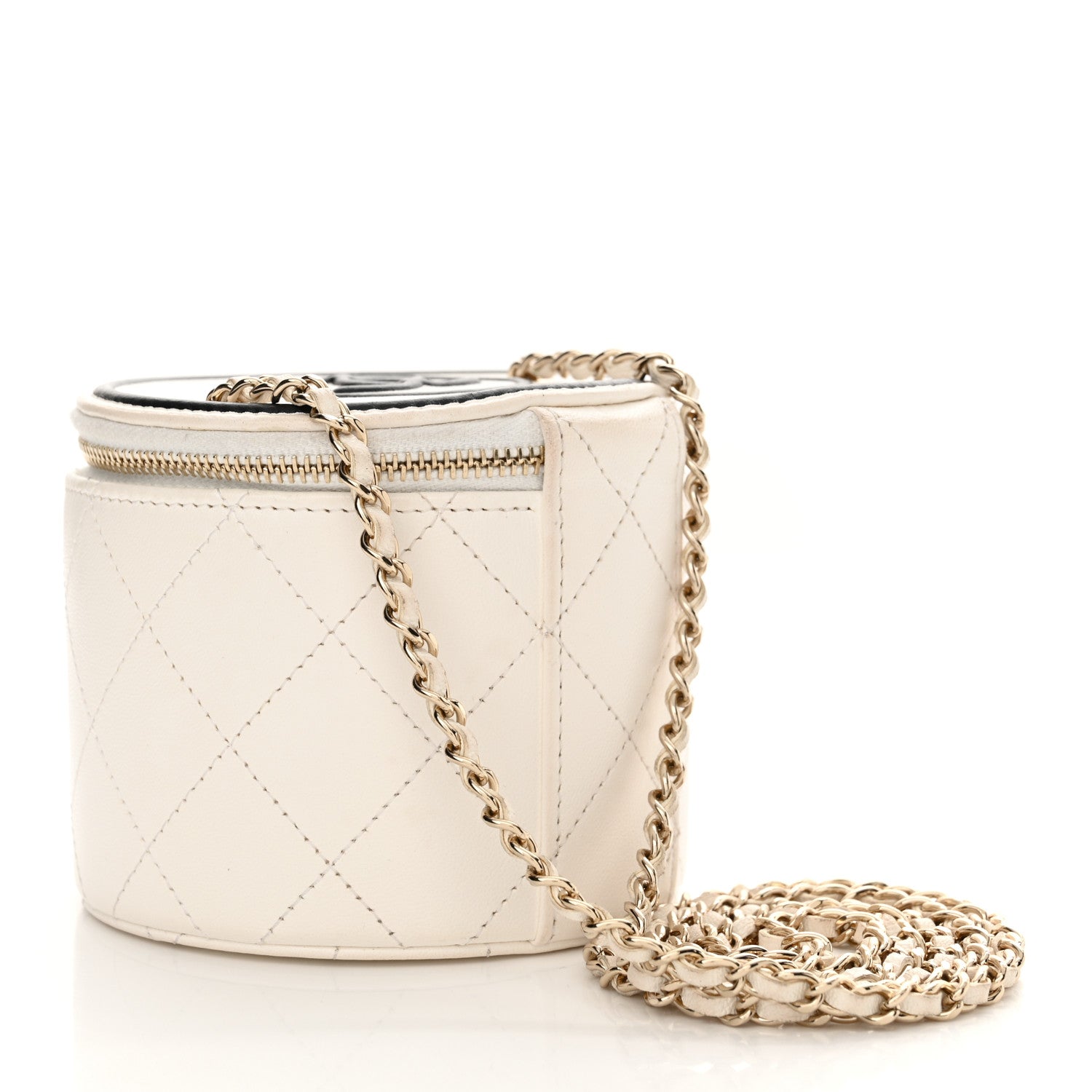 Chanel Lambskin Quilted Round Small Vanity Case With Chain White Black 3 of 12