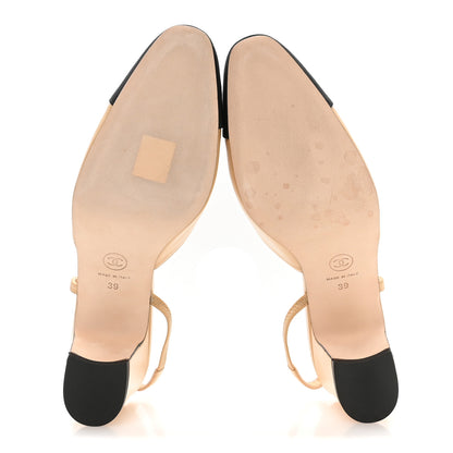 Chanel Goatskin Grosgrain Cap Toe CC Slingback Pumps 39 Beige Black 6 of 9