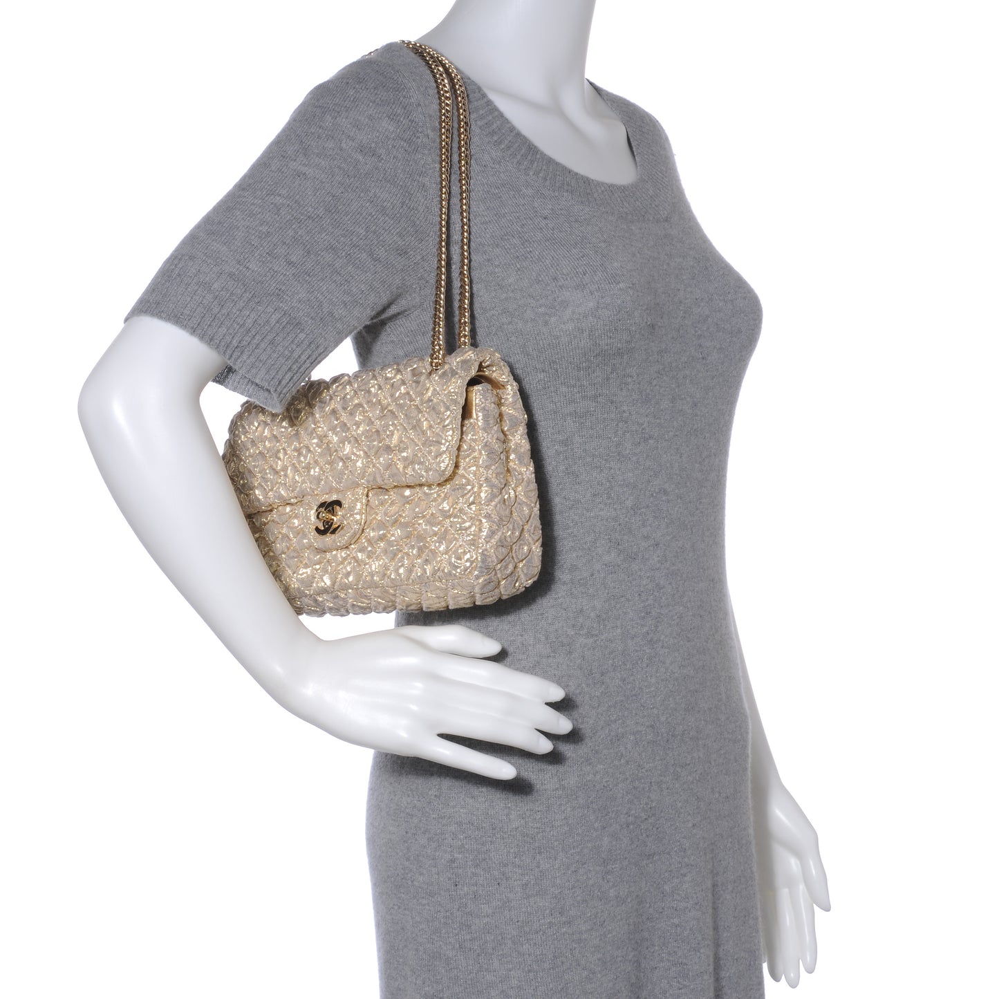 Lame Quilted Small Flap Metallic Gold