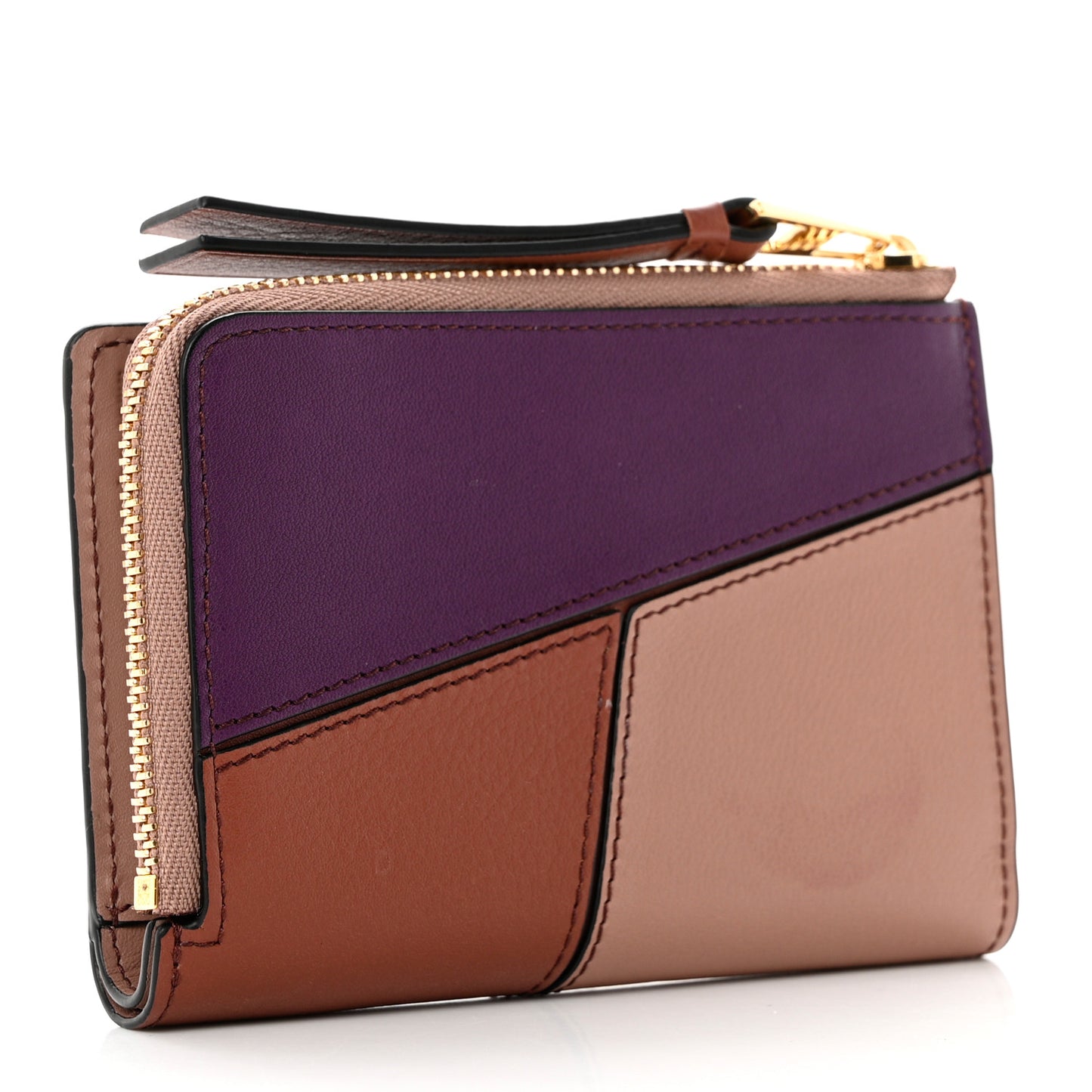 Calfskin Puzzle Zip Bi-Fold Wallet Dark Blush Dark Rust