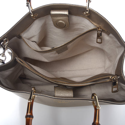 Gucci Metallic Pebbled Calfskin Large Bamboo Shopper Tote Golden Beige 6 of 11