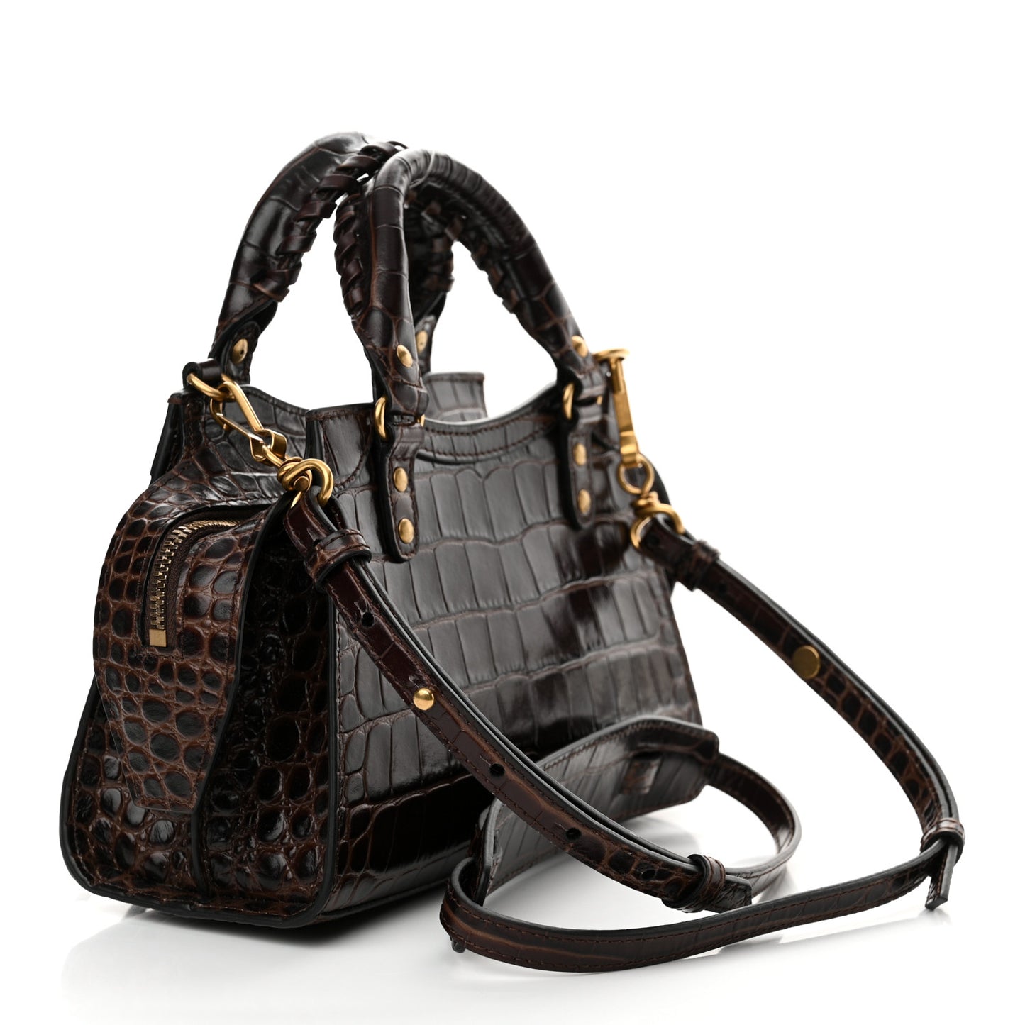 Semi Shiny Calfskin Crocodile Embossed Neo Classic Gold Hardware Mini City Dark Brown