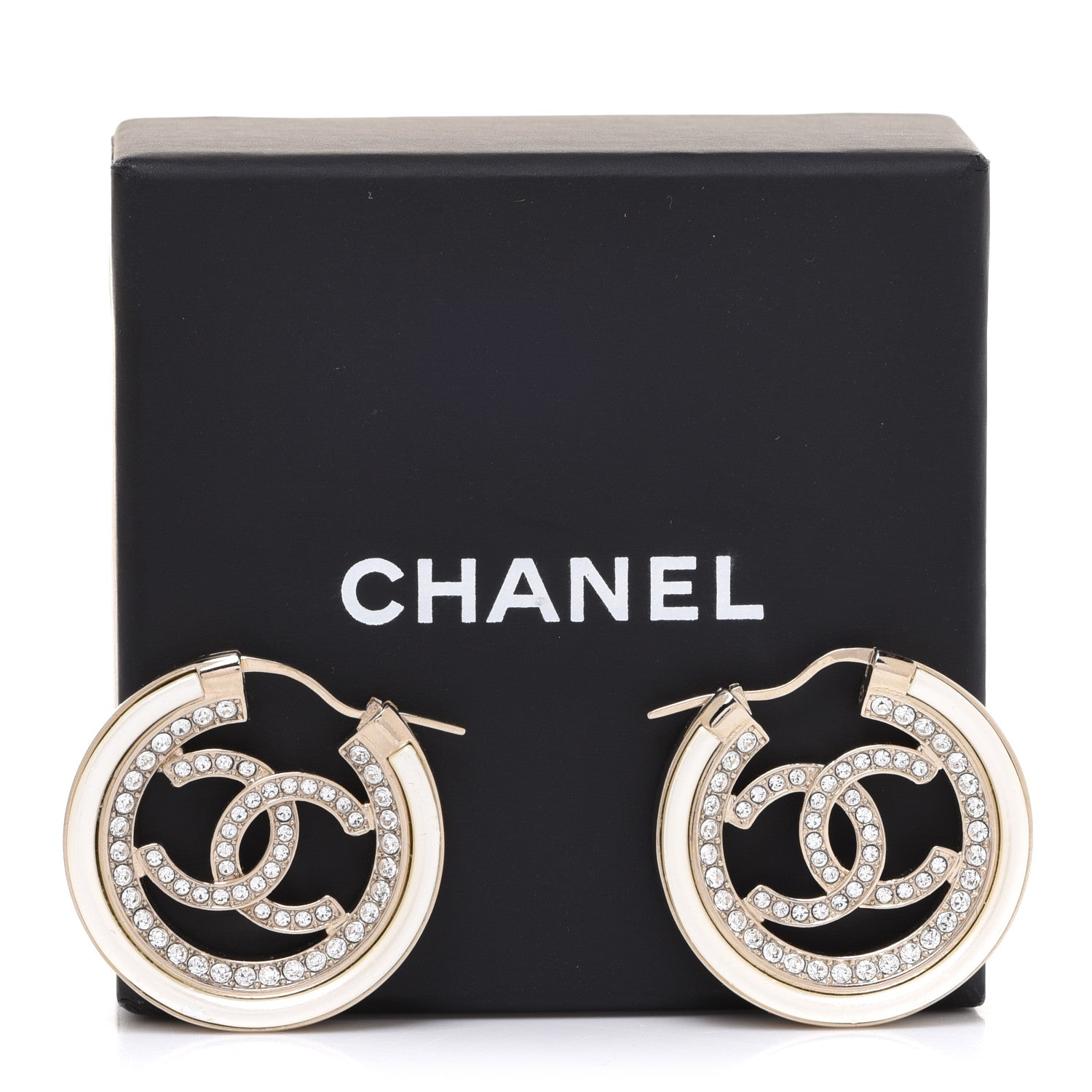 Chanel Metal Crystal Strass CC Hoop Earrings Gold 5 of 5