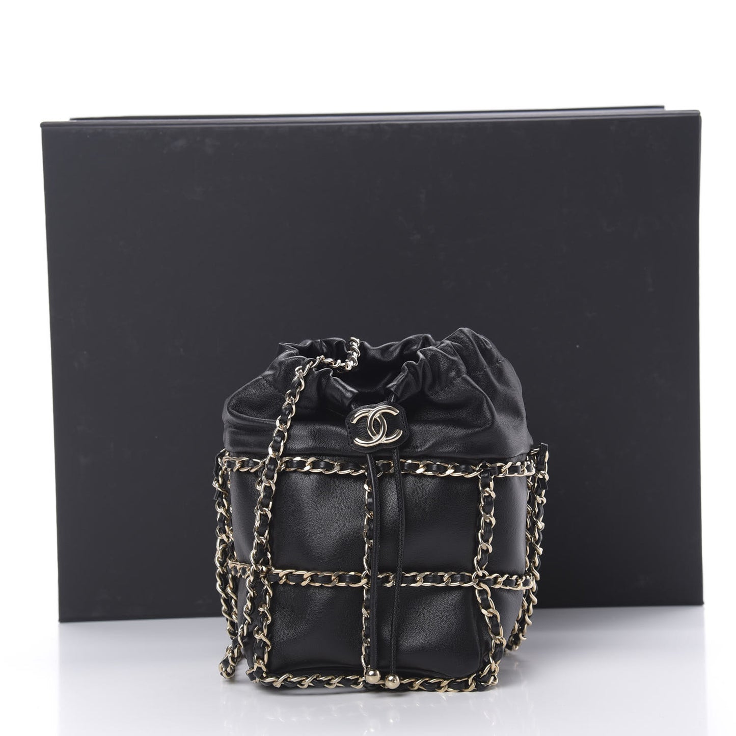 Lambskin Bucket Chain Drawstring Bag Black