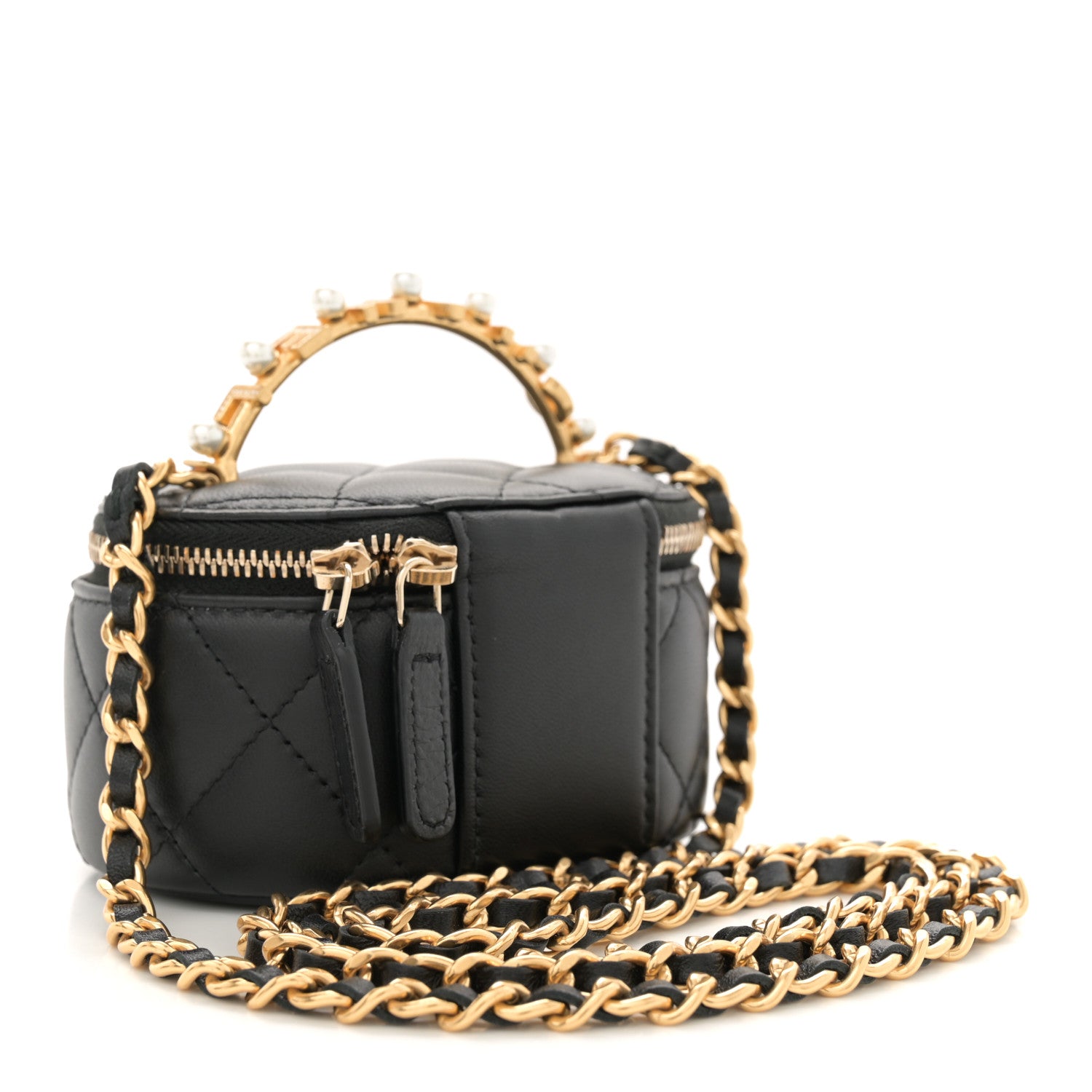 Chanel Lambskin Pearl Crystal Quilted Pearly Girl Top Handle Round