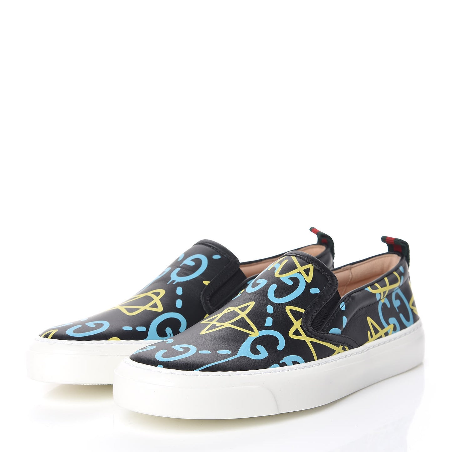 Calfskin GucciGhost Print Womens Slip On Sneakers 34.5 Black New Acquamarine