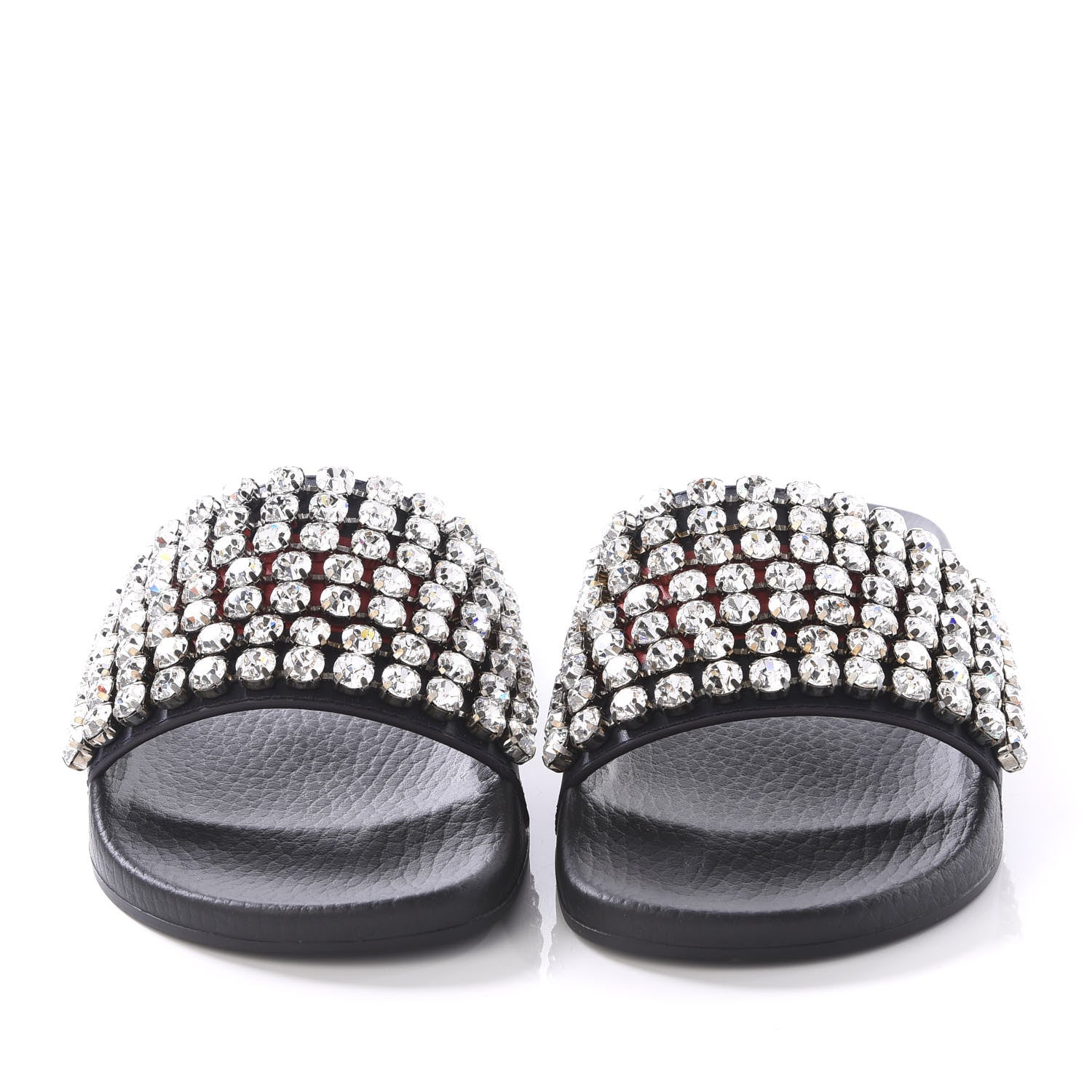 Gucci Calfskin Crystal Embellished Web Slide Sandals 34 Blue Red 2 of 9