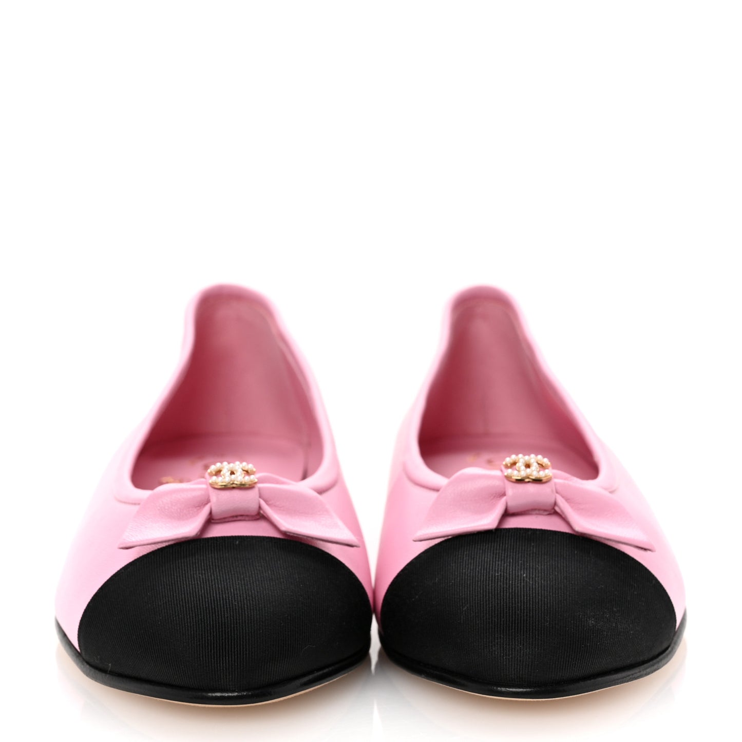 Lambskin Grosgrain Cap Toe Pearl CC Ballerina Flats 37.5 Pink Black