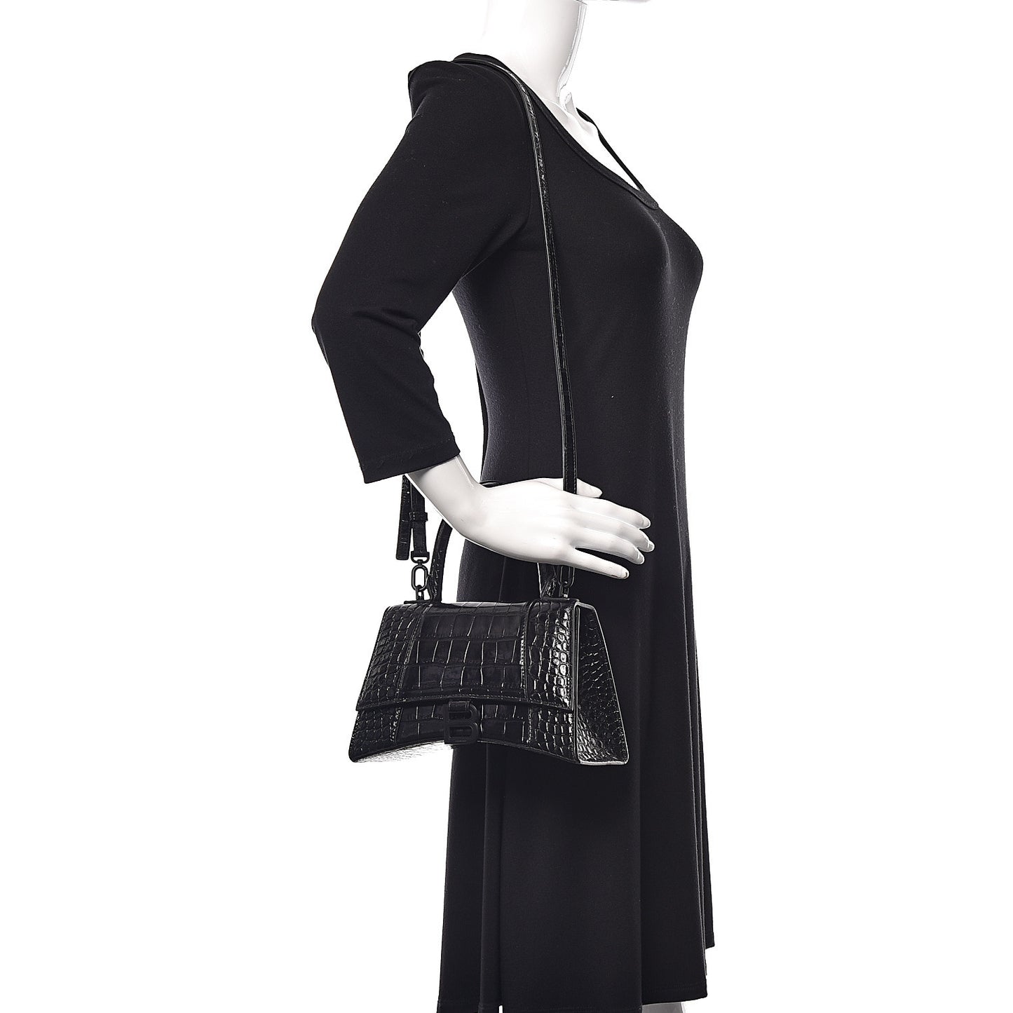 Shiny Calfskin Monochrome Crocodile Embossed Small Hourglass Top Handle Bag Black