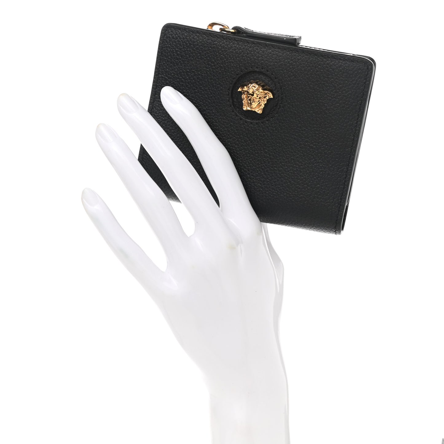 Grained Calfskin Medusa Zip Card Holder Wallet Black