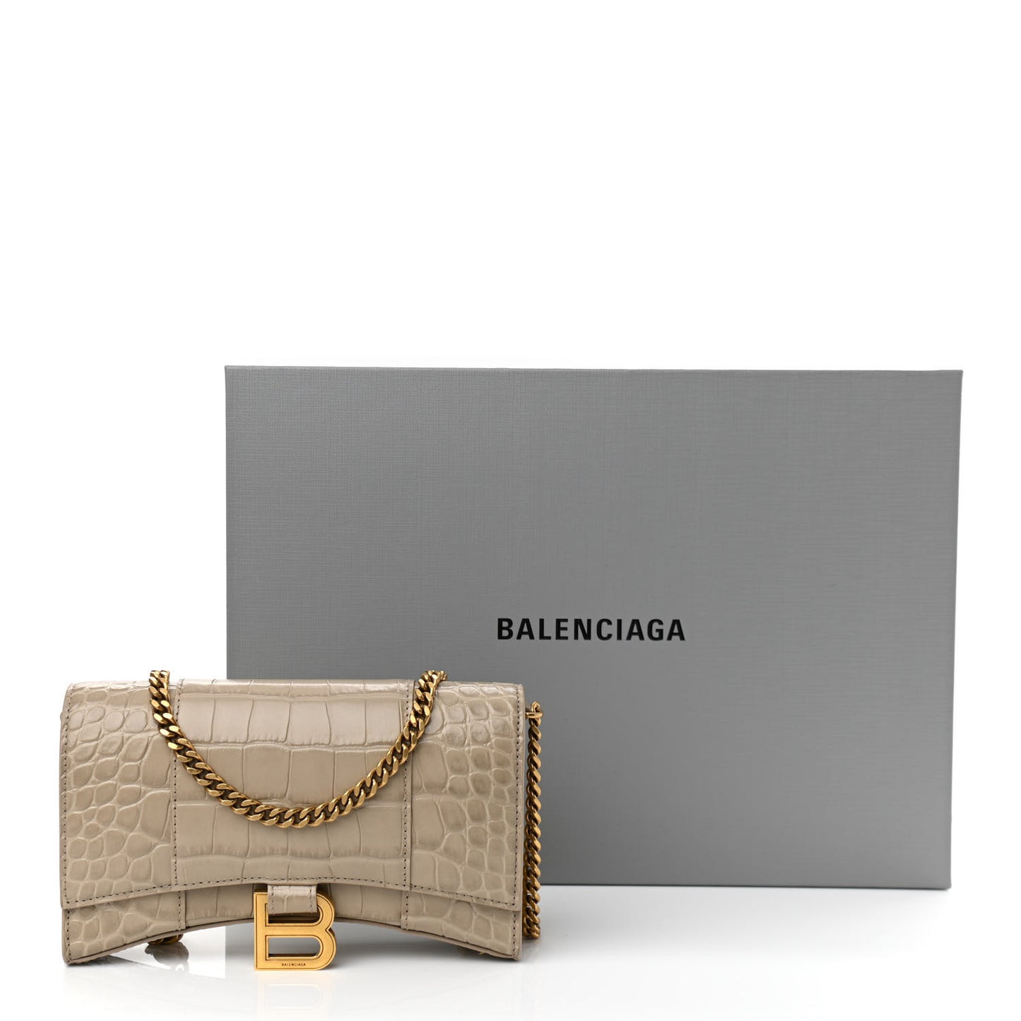 Shiny Calfskin Crocodile Embossed Hourglass Chain Bag Taupe