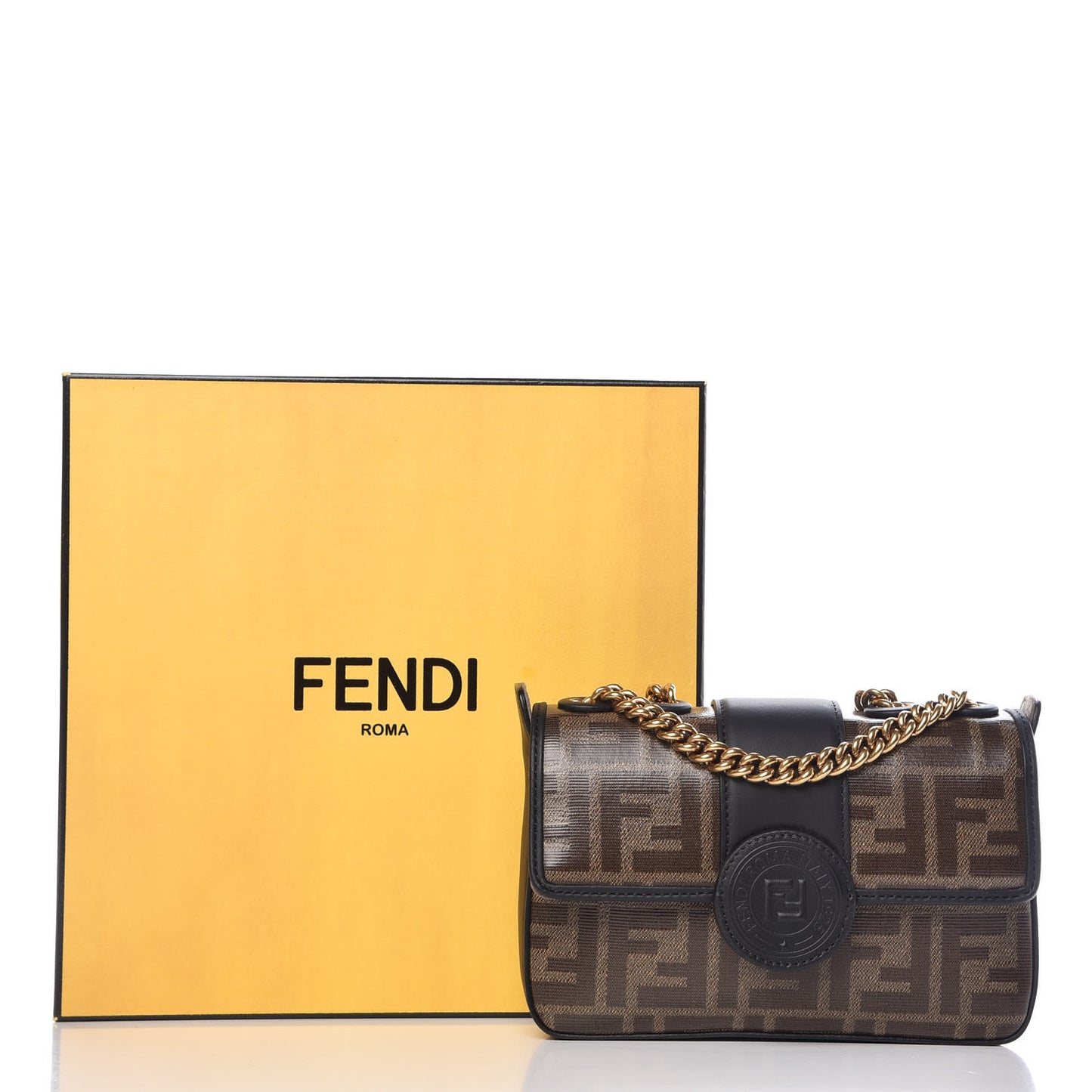 Glazed Fabric Vitello Century FF 1974 Stamp Patch Mini Double F Crossbody Bag Mogano Panna Black