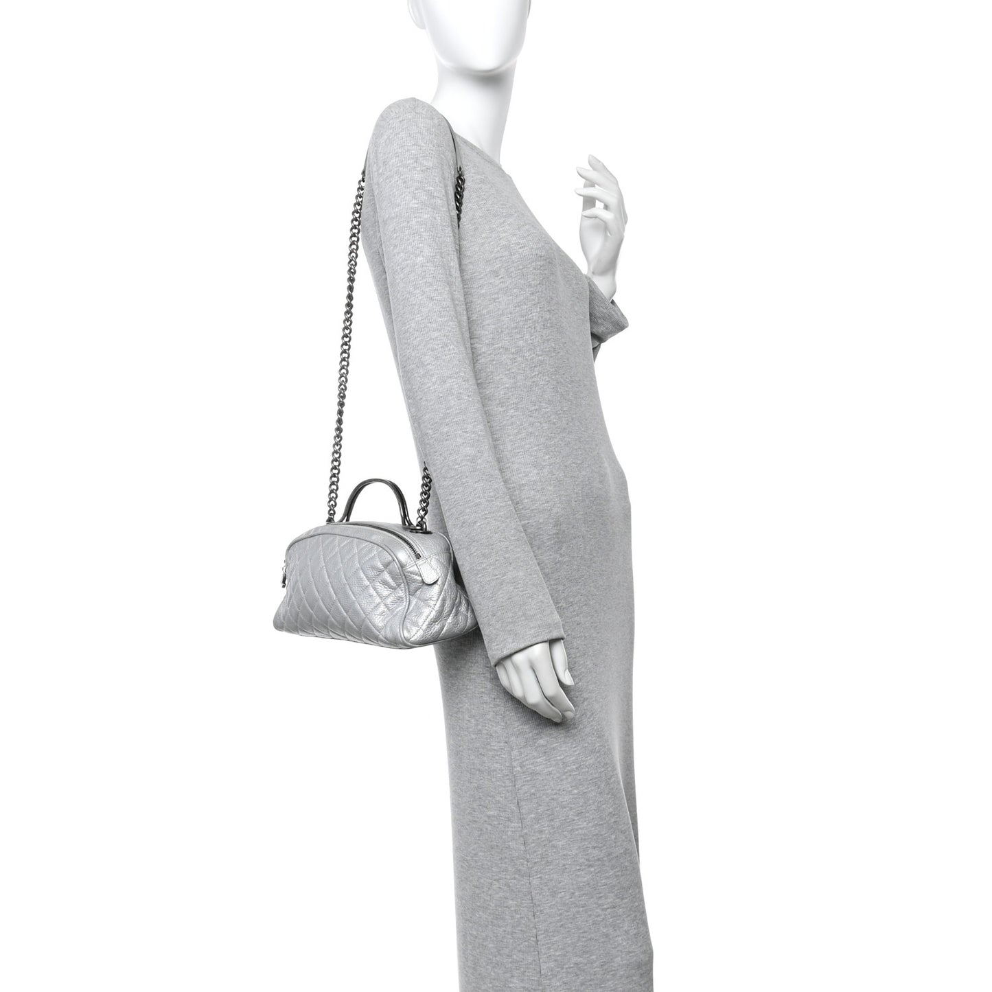 Metallic Calfskin Quilted Mini Bowling Bag Silver