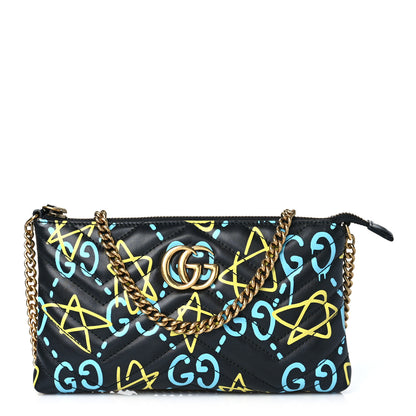Gucci Calfskin Matelasse Printed Mini GucciGhost GG Marmont Chain Bag Black New Acquamarine 1 of 12
