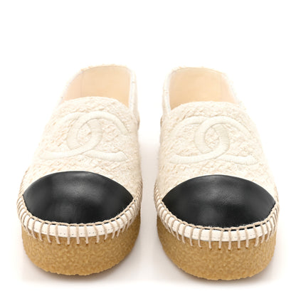 Chanel Cotton Wool Tweed Lambskin CC Platform Espadrilles 37 White Black 3 of 10