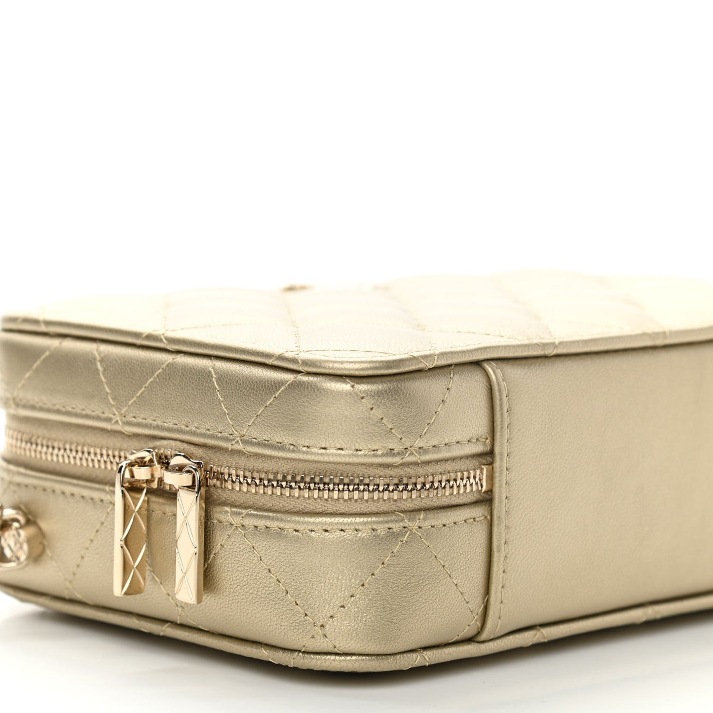 Metallic Lambskin Quilted Top Handle Vanity Case Gold