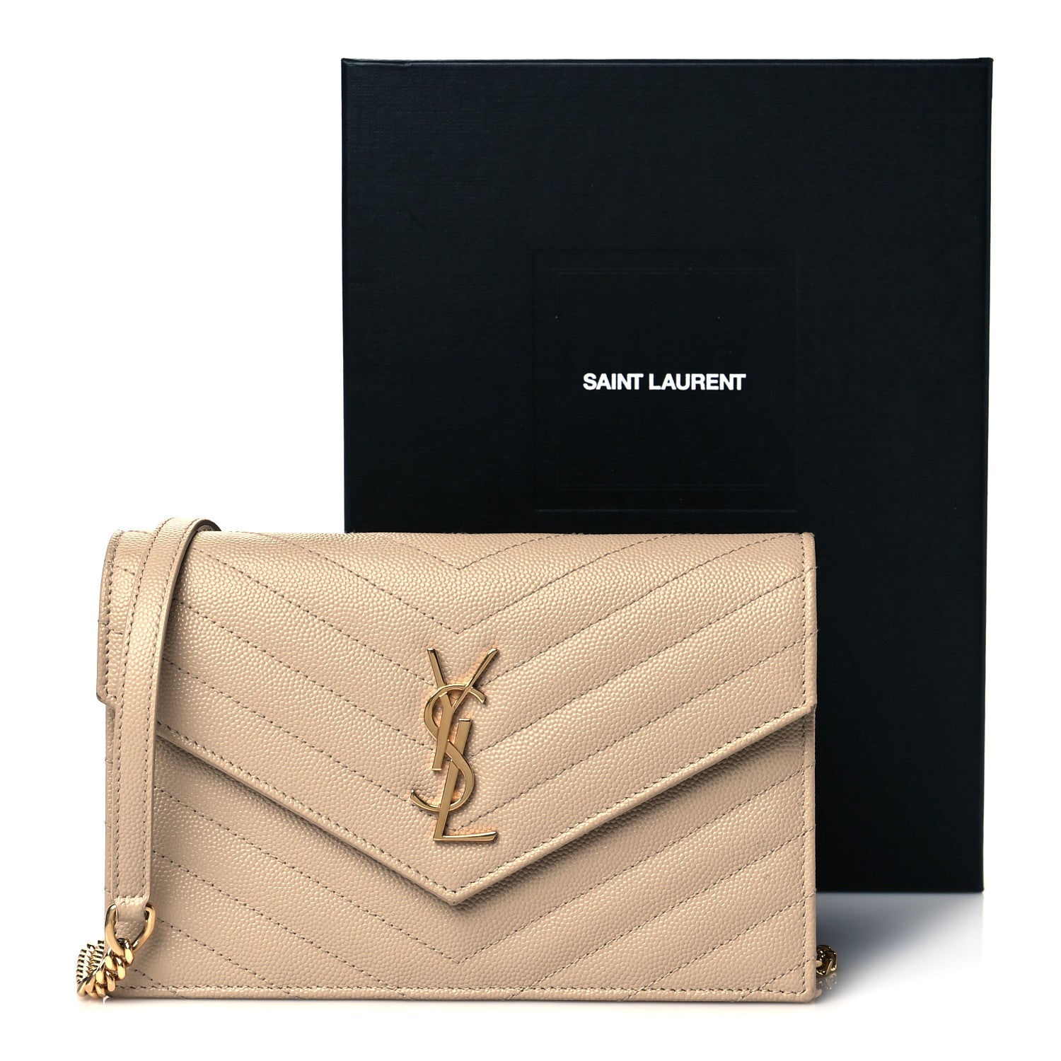Saint Laurent Grain De Poudre Matelasse Chevron Monogram Envelope Chain Wallet Taupe 10 of 10