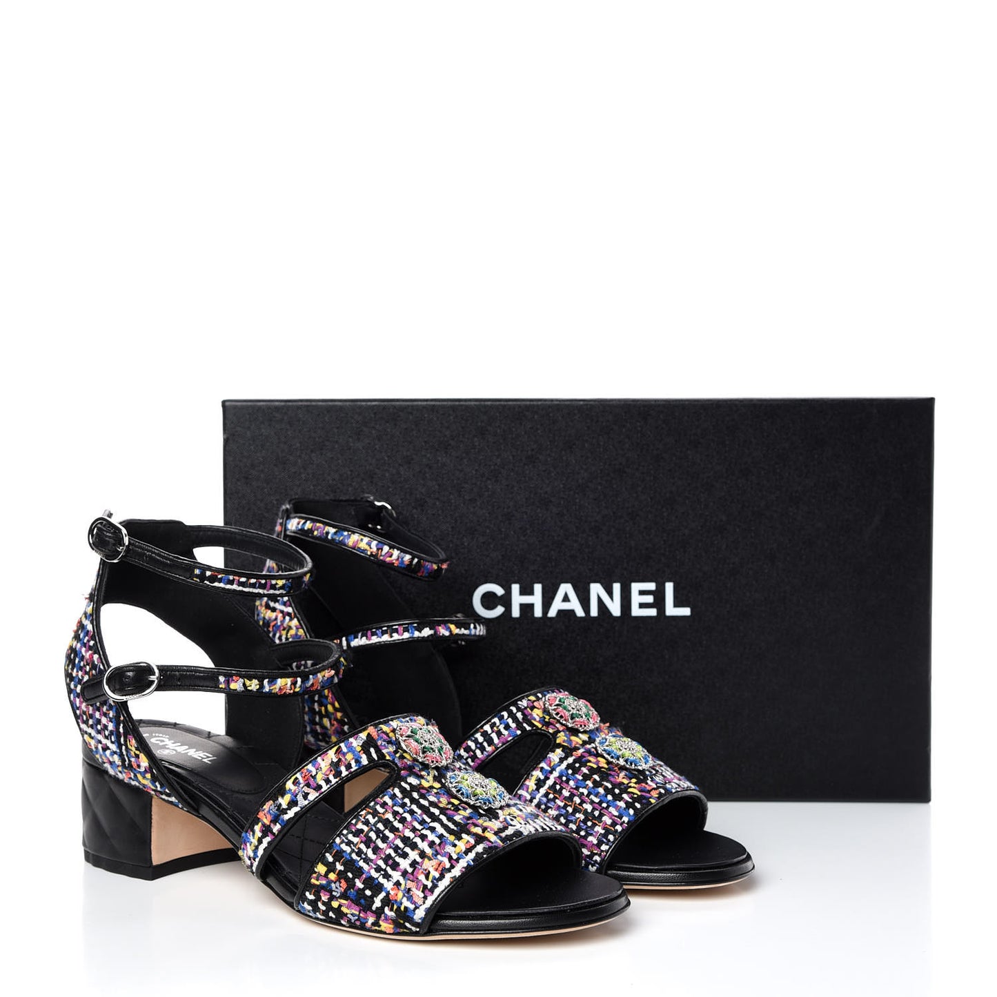 Tweed Lambskin Sandals 39 Black Blue Yellow Fuchsia