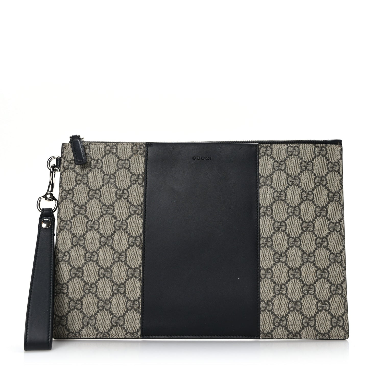 GG Supreme Monogram Zip Wristlet Pouch Beige Black