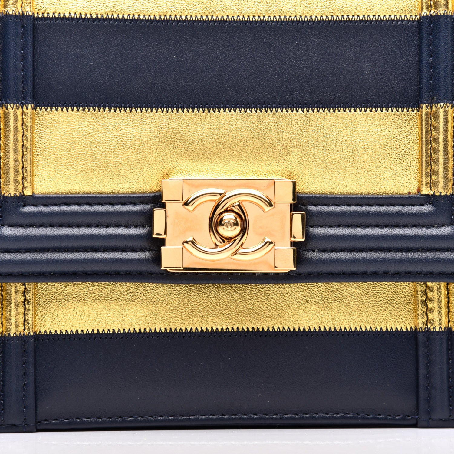 Chanel Metallic Lambskin Striped North South Boy Flap Navy Gold 8 of 11