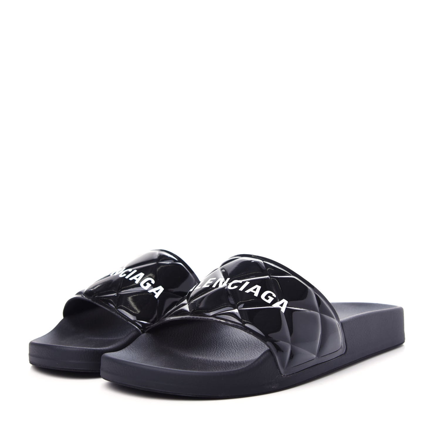 Rubber Patent Quilted Logo Slide Sandals 36 Black White