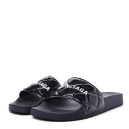 Balenciaga Rubber Patent Quilted Logo Slide Sandals 36 Black White 3 of 10