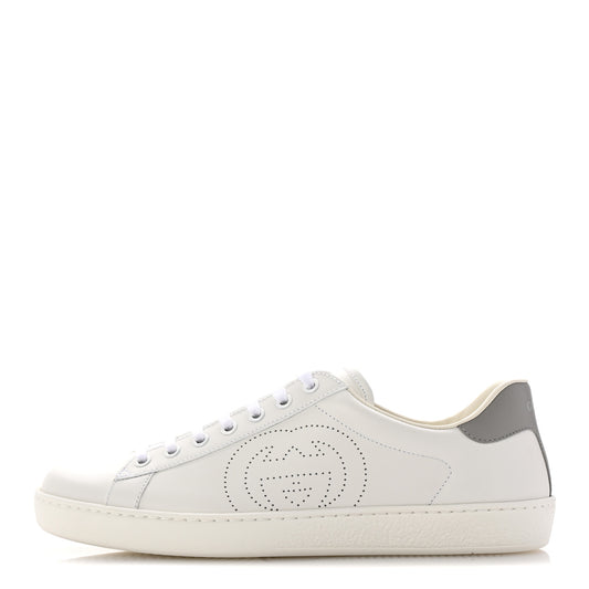 Calfskin Interlocking G Perforated Mens Ace Sneakers 8 White Grey Sky