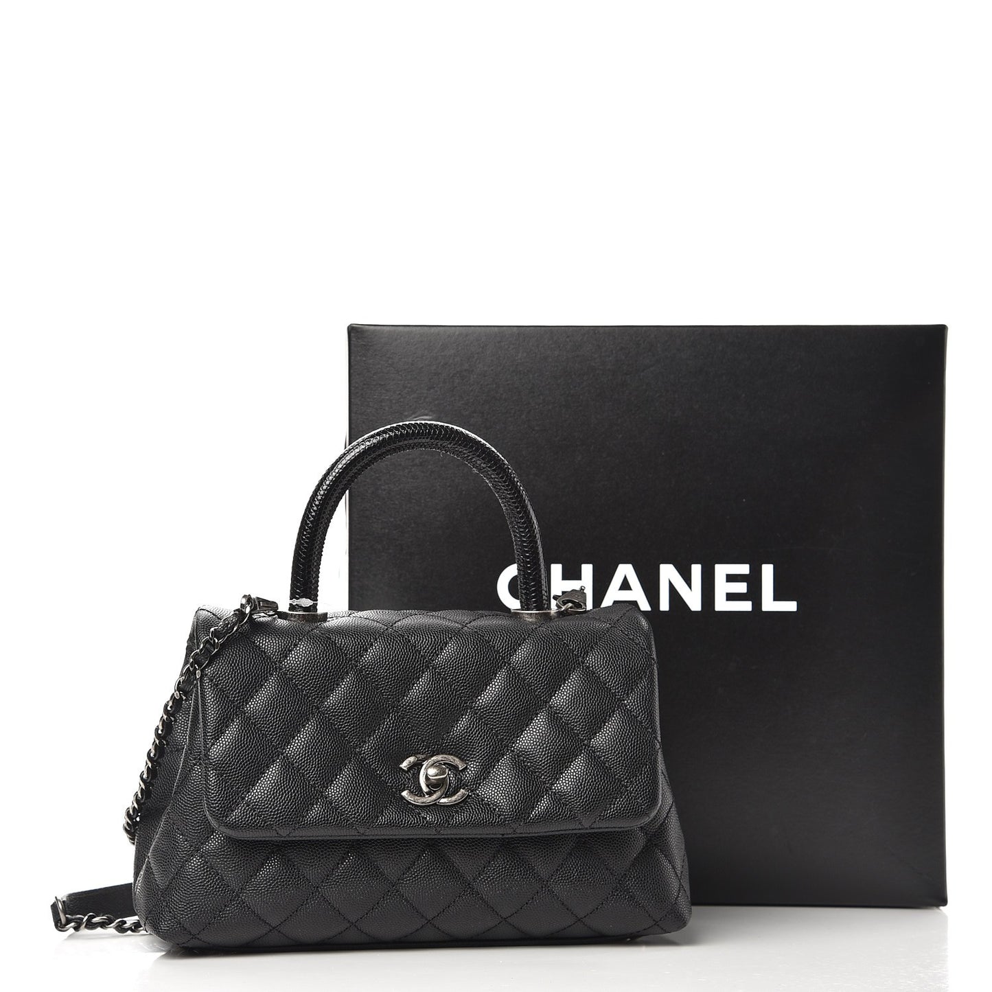 Caviar Lizard Quilted Mini Coco Handle Flap Black