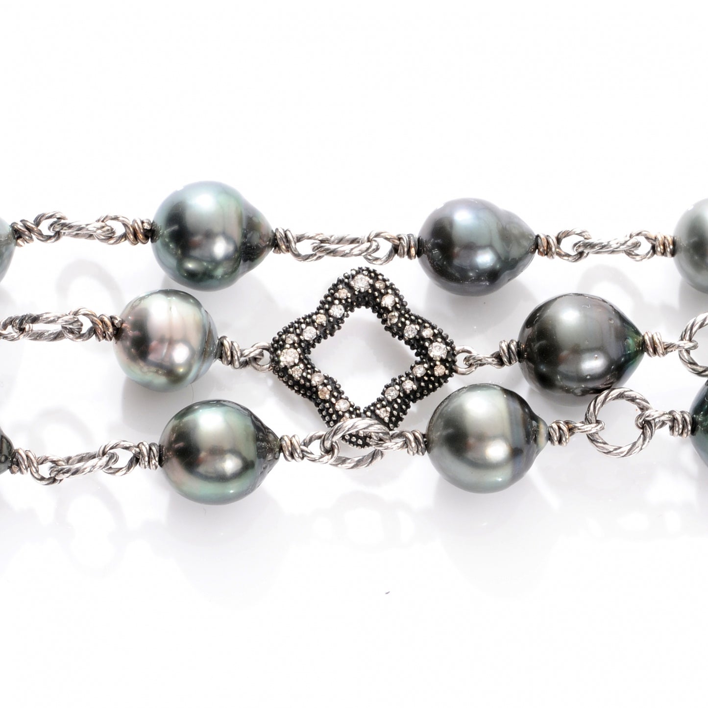 Sterling Silver Diamond Tahitian Pearl Quatrefoil Mutli Row Bracelet