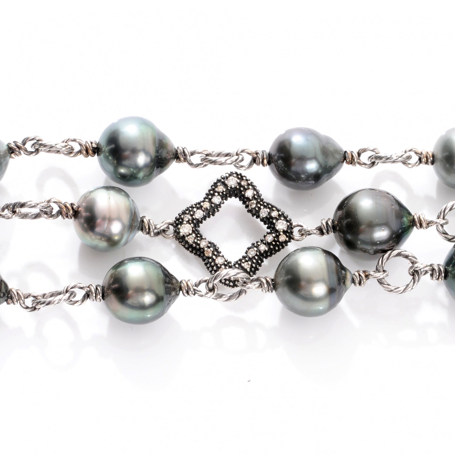 David Yurman Sterling Silver Diamond Tahitian Pearl Quatrefoil Mutli Row Bracelet 4 of 4