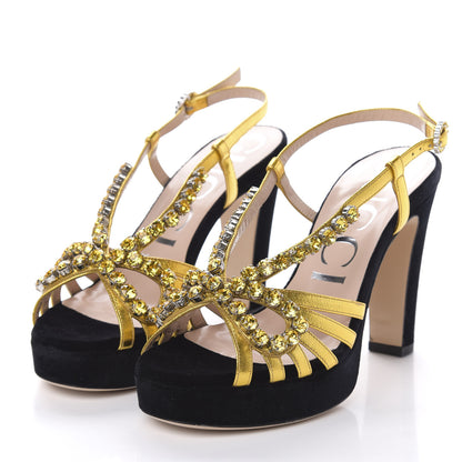 Gucci Velvet Nappa Crystal Zephyra Slingback Platform High Heel Sandals 36 Black Gold 3 of 9