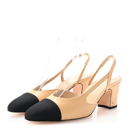 Chanel Lambskin Grosgrain Cap Toe CC Slingback Pumps 37.5 Beige Black 4 of 10