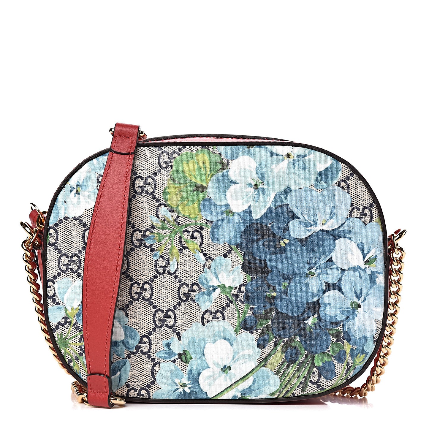 GG Supreme Monogram Blooms Mini Chain Shoulder Bag Beige Blue Navy Hibiscus Red