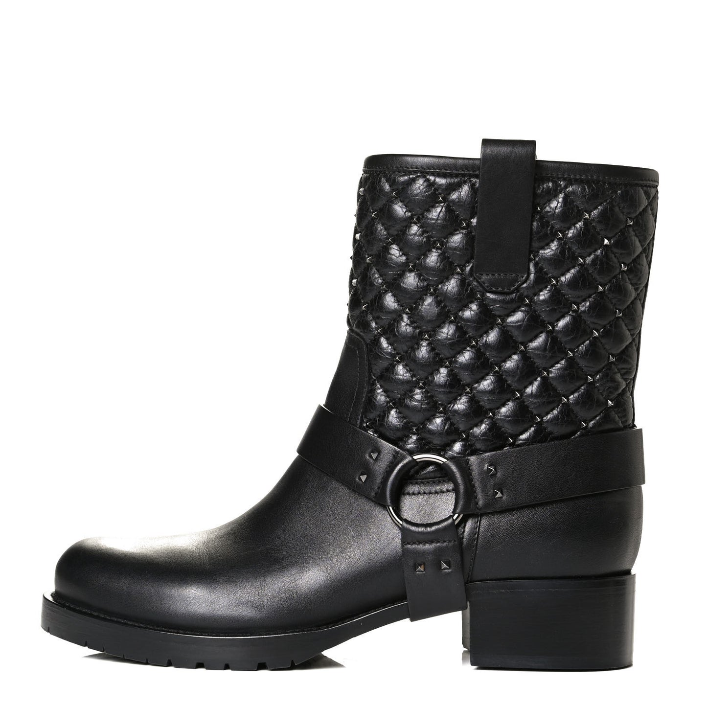 Calfskin Crackled Lambskin Rockstud Spike 20mm Biker Boots 38.5 Black