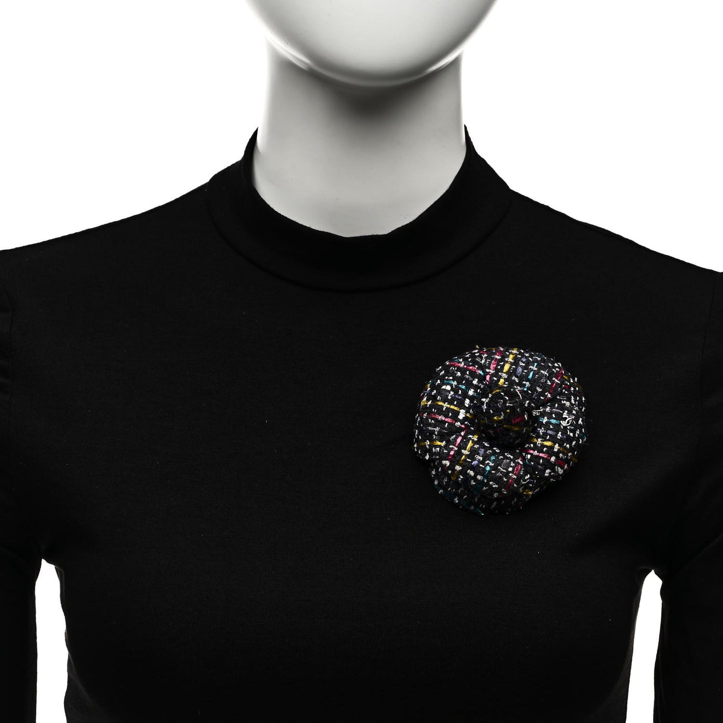 Tweed Camellia Pin Brooch Navy Multicolor