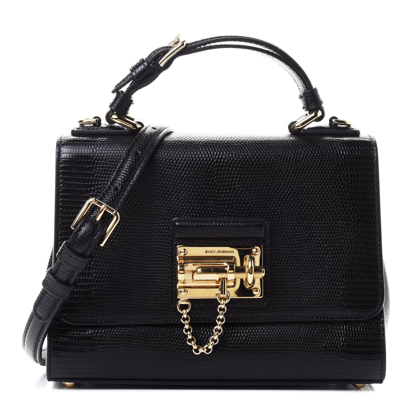 Lizard Calfskin Embossed Small Monica Top Handle Bag Black