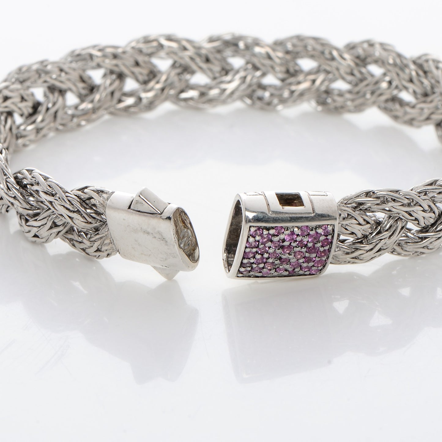 Sterling Silver Pink Sapphire 11mm Braided Classic Chain Clasp Bracelet M