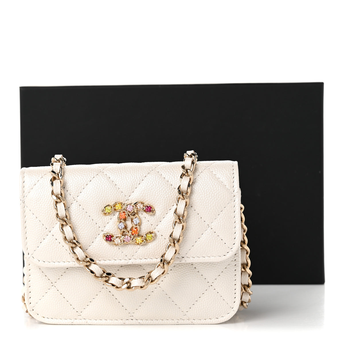 Caviar Quilted Crystal CC Clutch With Chain White