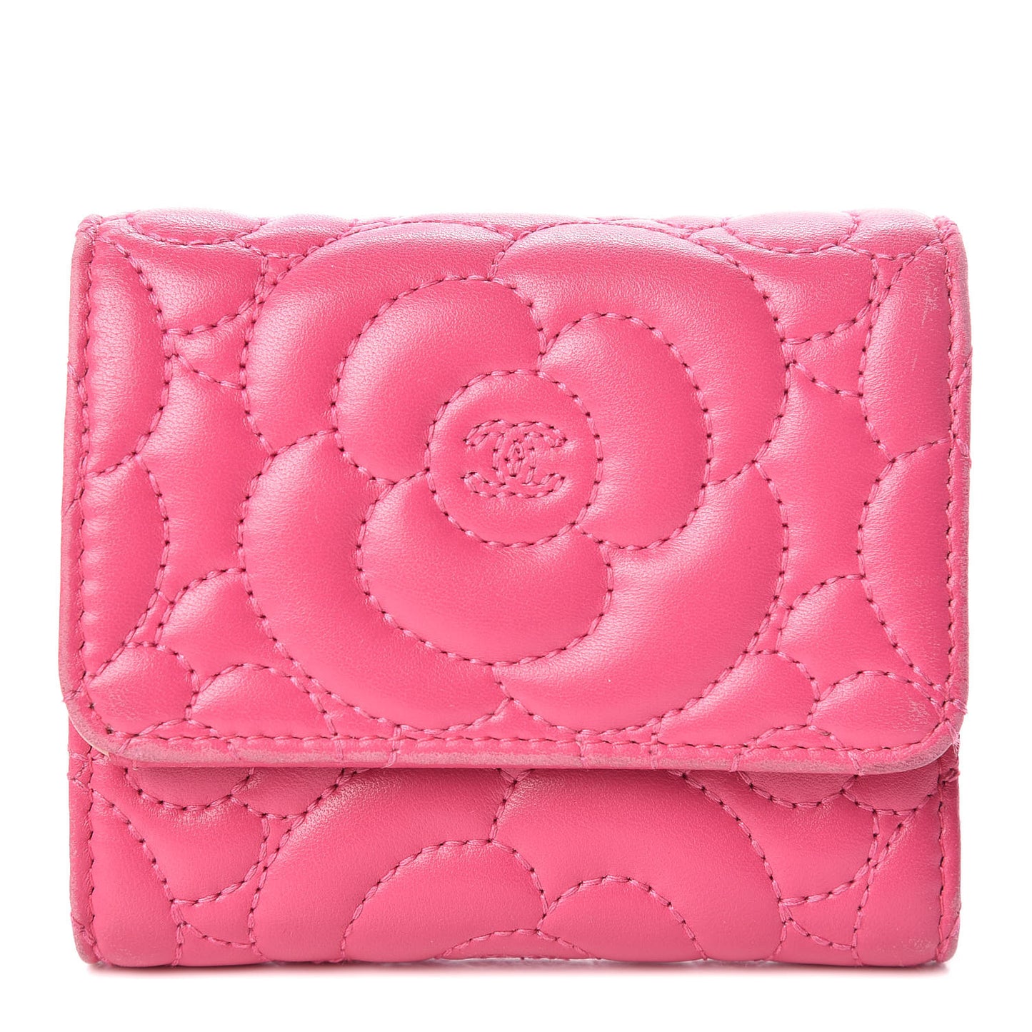 Lambskin Camellia Embossed Compact Wallet Fuchsia