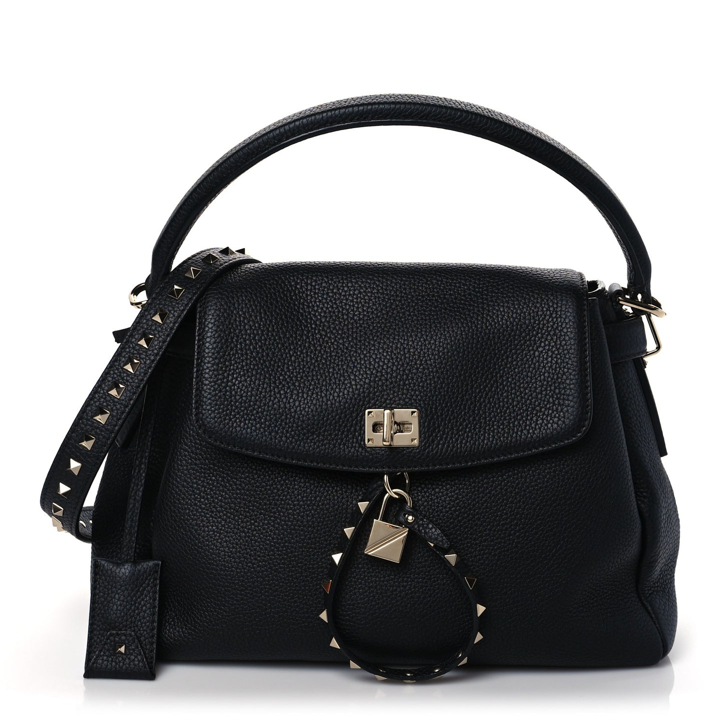 Grained Lagun Calfskin Rockstud Twiny Top Handle Bag Black