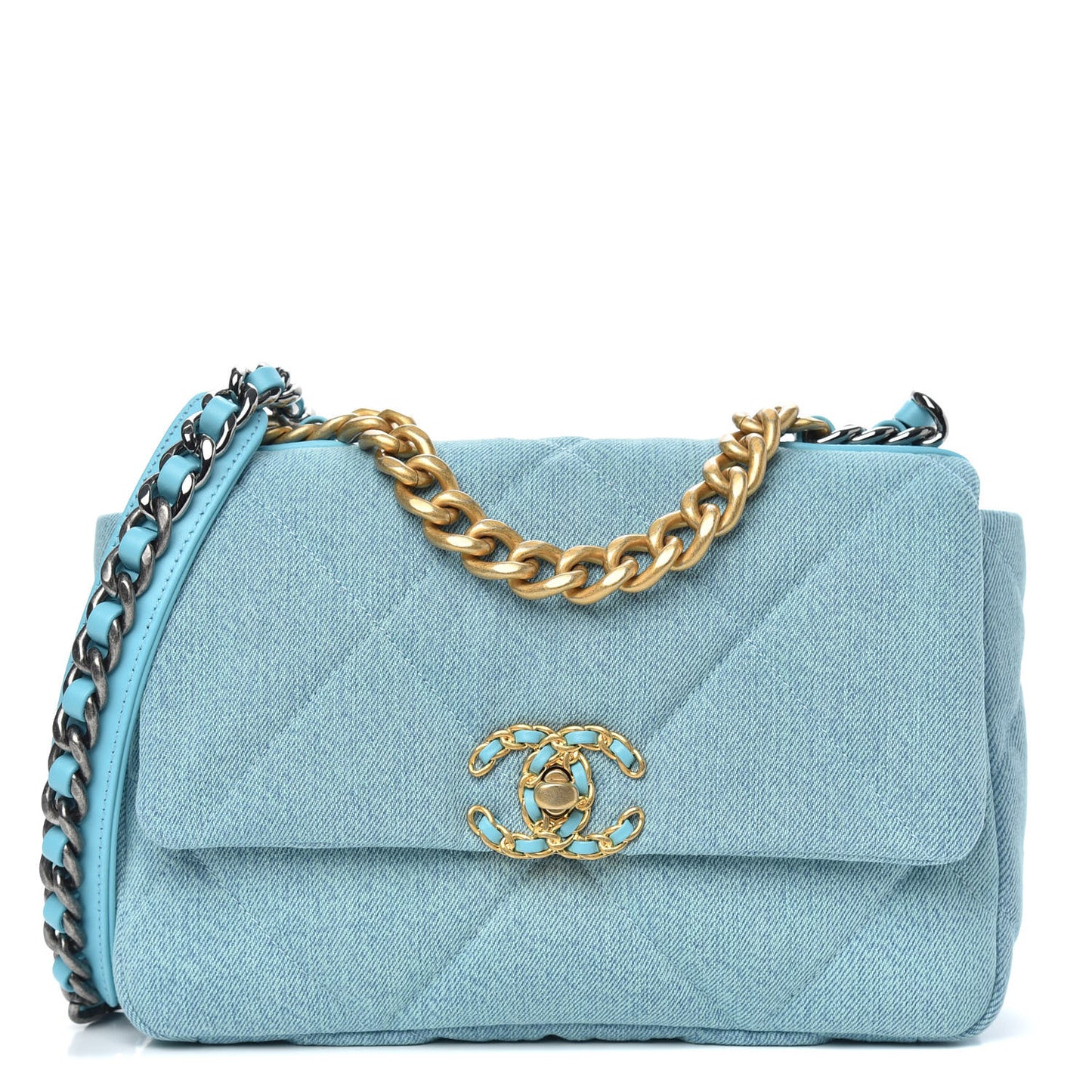 Denim Quilted Medium Chanel 19 Flap Neon Blue