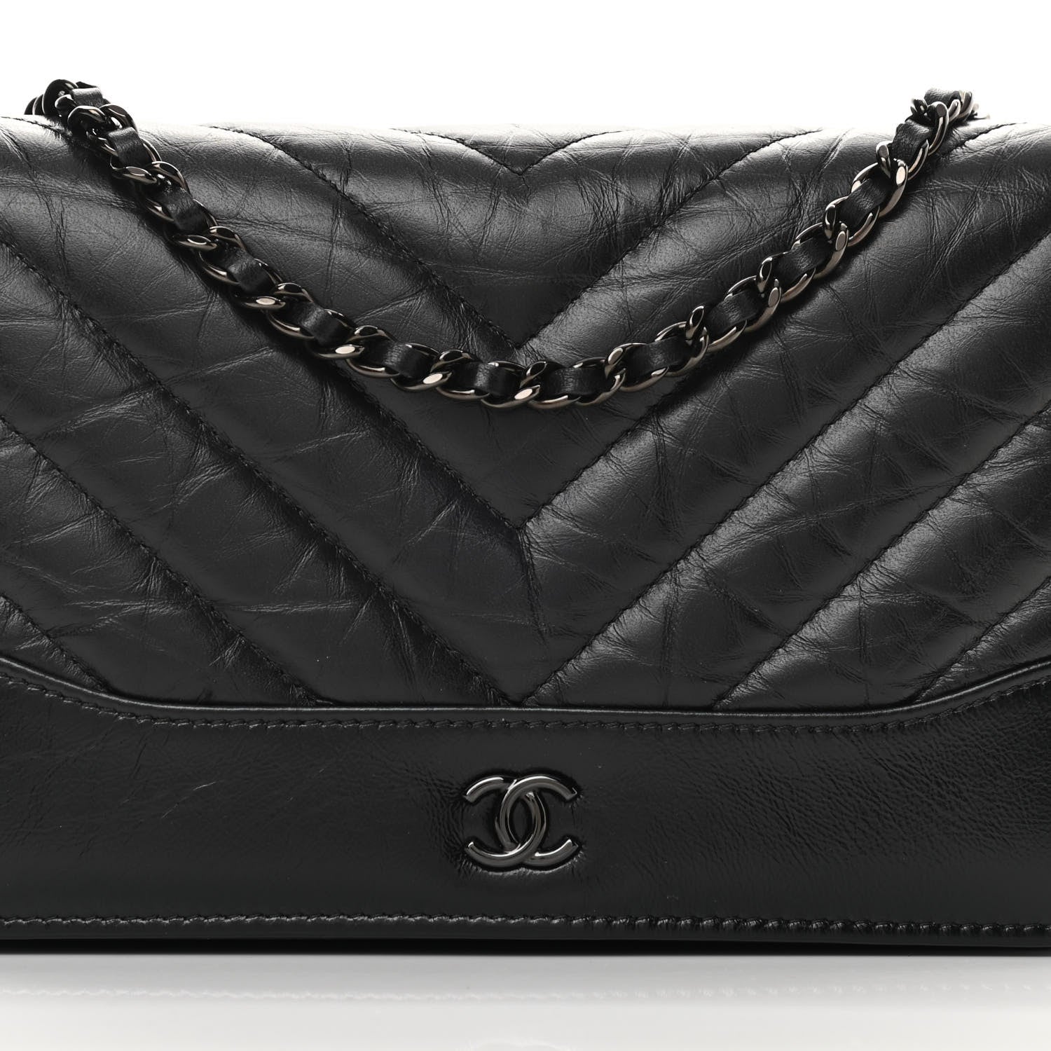 Chanel Aged Calfskin Chevron Quilted Gabrielle Wallet On Chain WOC Black 9 of 15