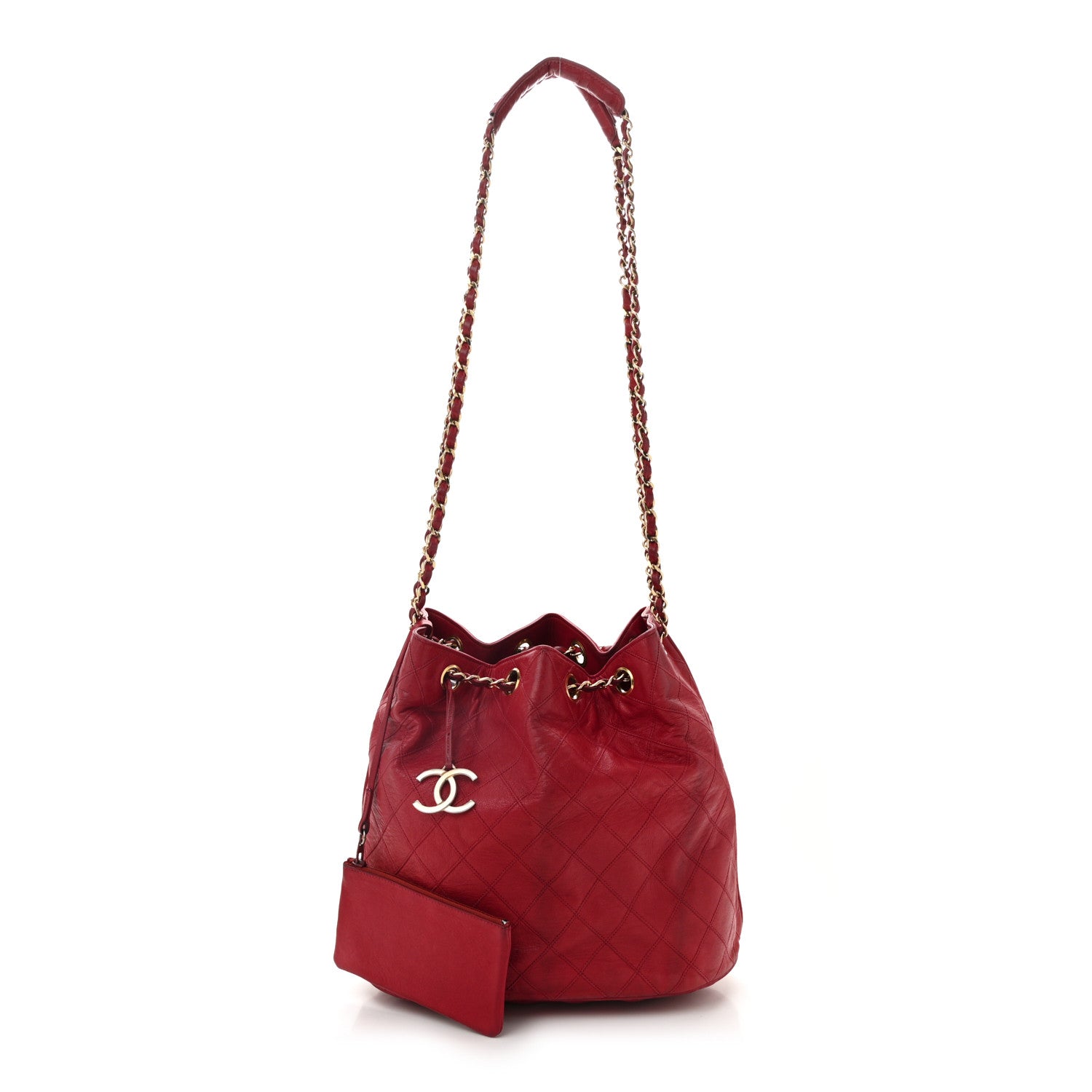 Chanel Lambskin Diamond Stitched CC Drawstring Shoulder Bag Red 2 of 12