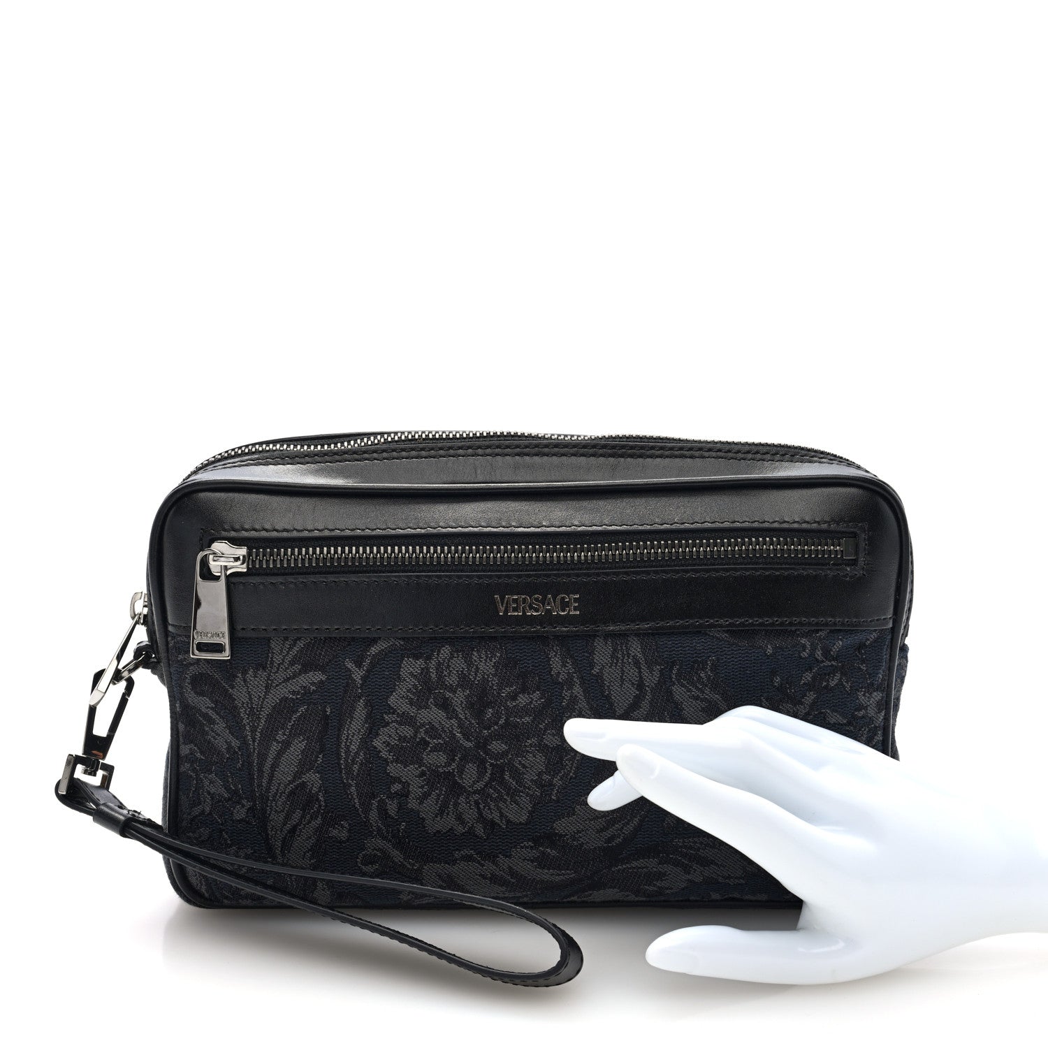 Versace Fabric Jacquard Calfskin Barocco Wristlet Pouch Black 2 of 7