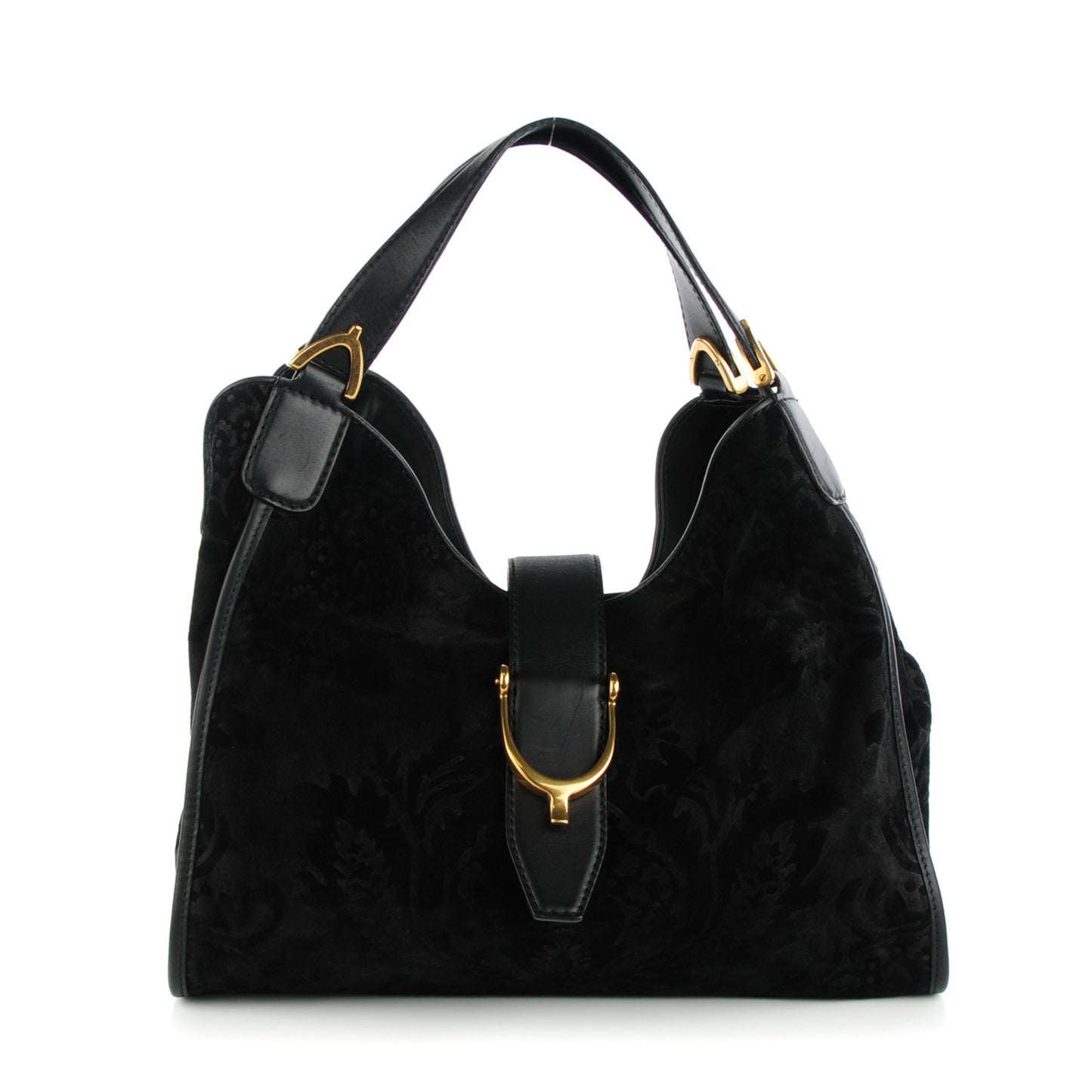 Soft Leather Brocade Medium Stirrup Shoulder Bag Black